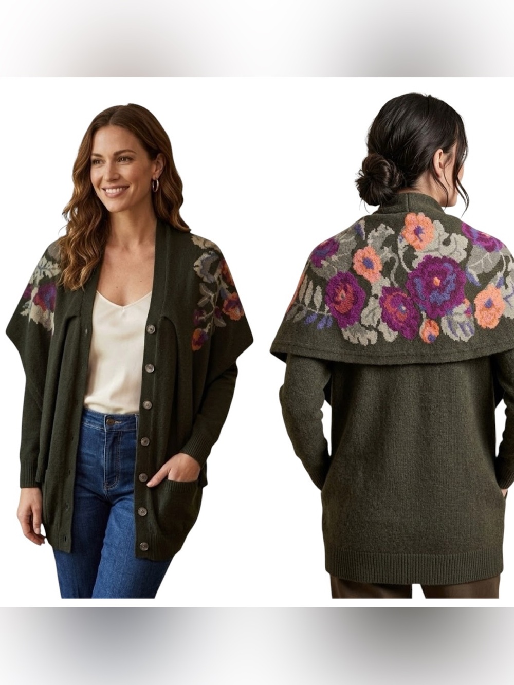 J H Collectibles vintage Botanical Olive Green Women's Cardigan Shawl Detail